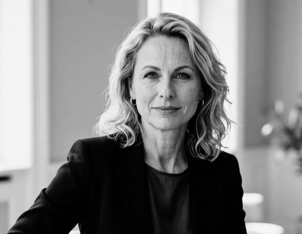 Schwarz-Weiß-Porträt von Lady Sas im schwarzen Blazer, die ruhig und selbstbewusst direkt in die Kamera blickt.
