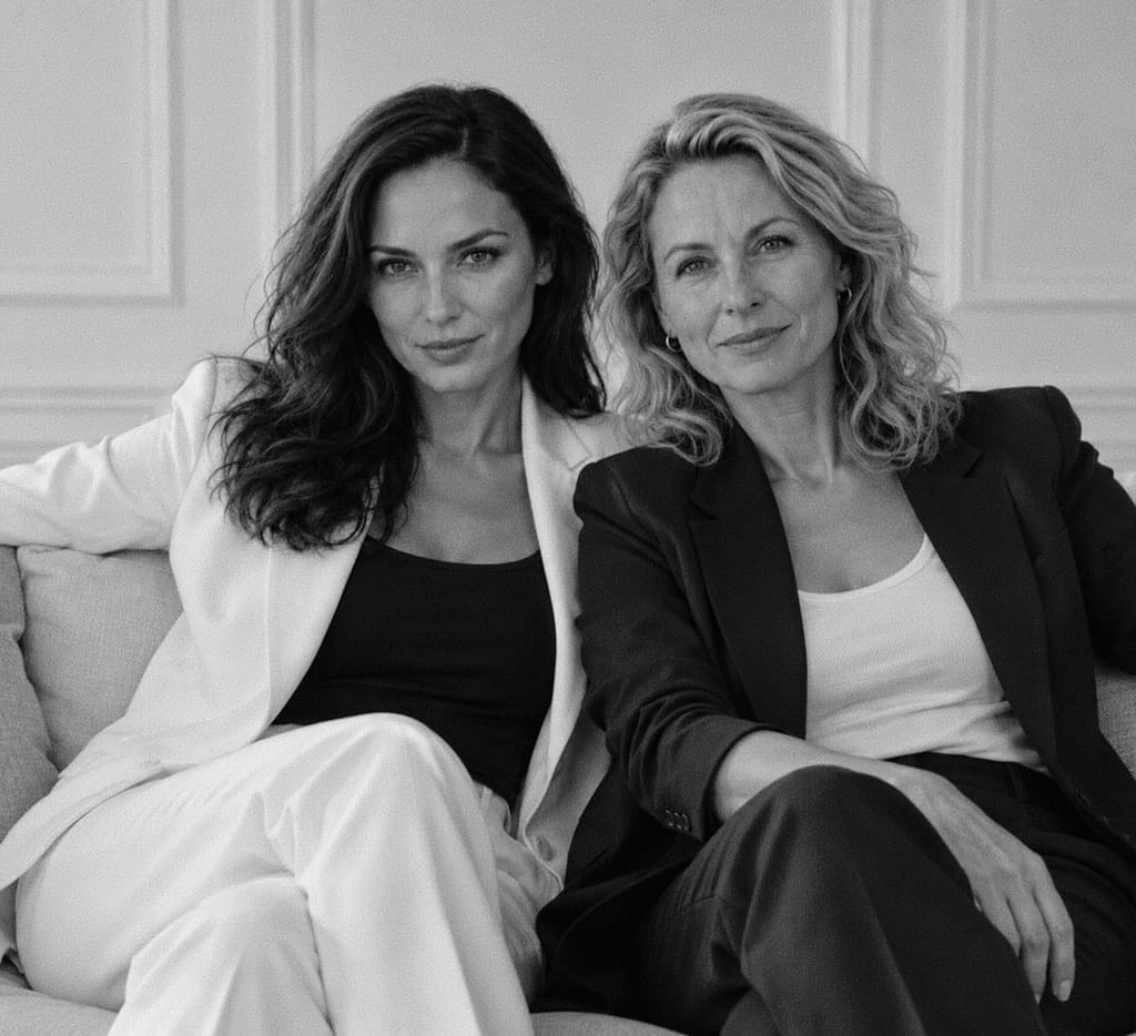 Lady Victoria und Lady Sas sitzen selbstbewusst nebeneinander auf einem Sofa – Schwarzweiß-Porträt der beiden Frauen von Lady-Sas.com.