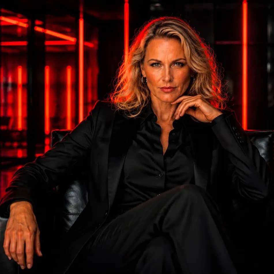 Lady Sas sitting in a black suit in a neo-noir setting with red light accents.