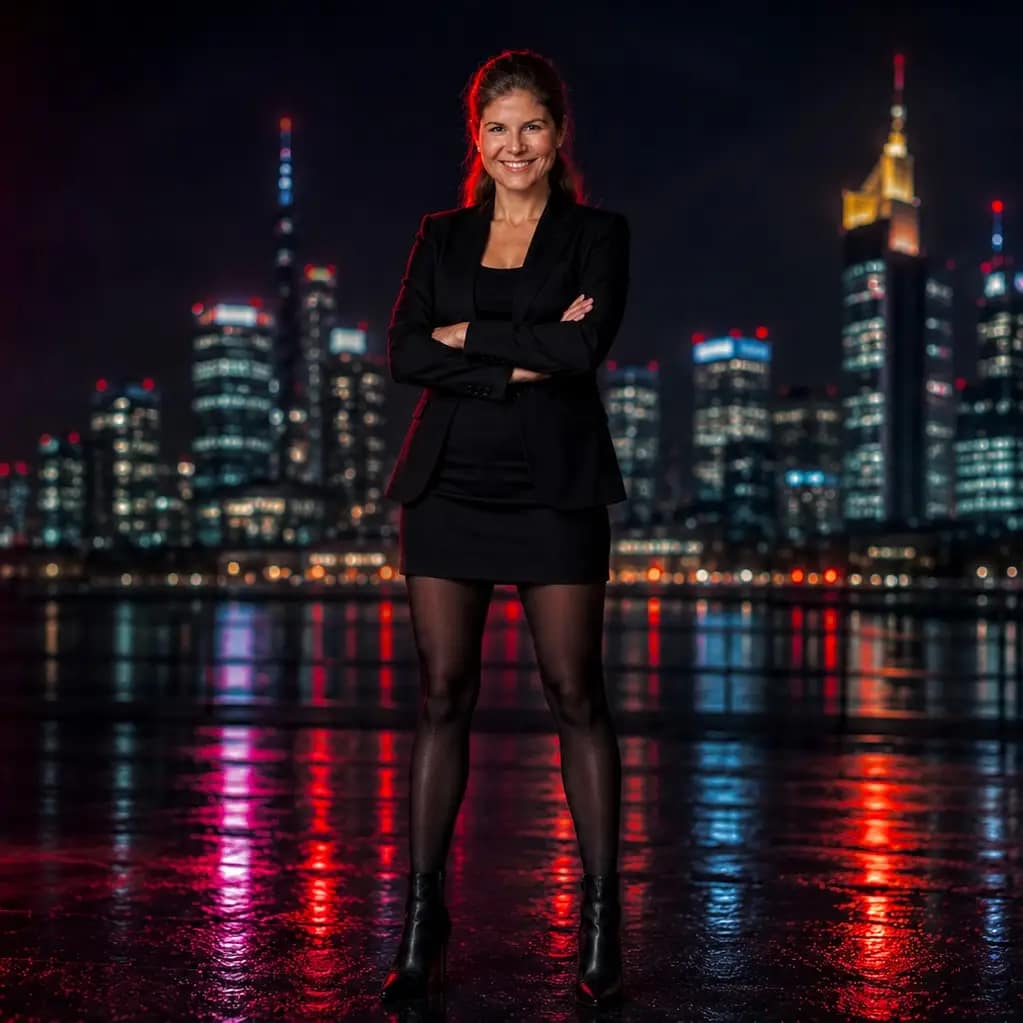 Lady Franziska standing in front of the Frankfurt skyline at night in a black outfit with red light reflections.