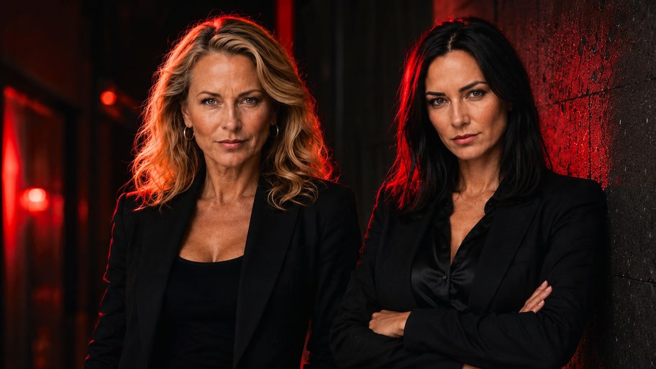 Lady Sas links und Lady Victoria rechts in schwarzer Kleidung vor einer dunkelroten Neonkulisse.