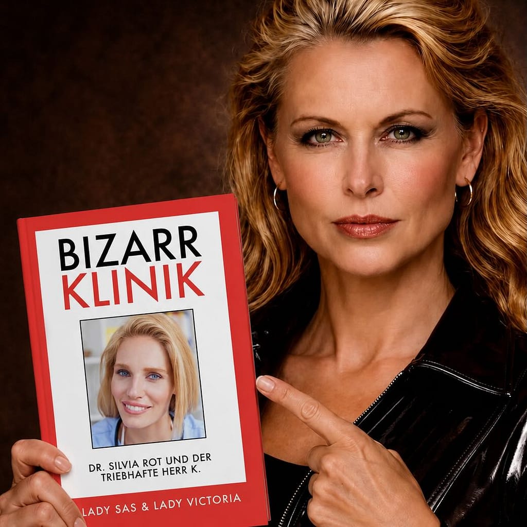 Lady Sas hält ihr Buch "Bizarrklinik"