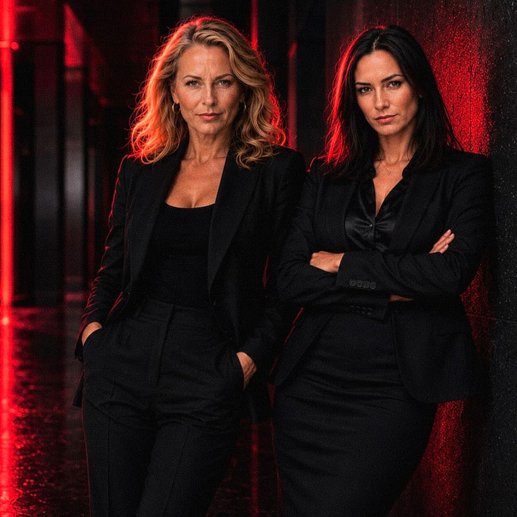 Lady Sas und Lady Victoria stehen nebeneinander in einer luxuriösen Neo-Noir-Umgebung mit roten Neonlichtern. Beide tragen schwarze Blazer und blicken selbstbewusst in die Kamera. Die roten Lichtreflexe betonen die dunkle, elegante Atmosphäre.