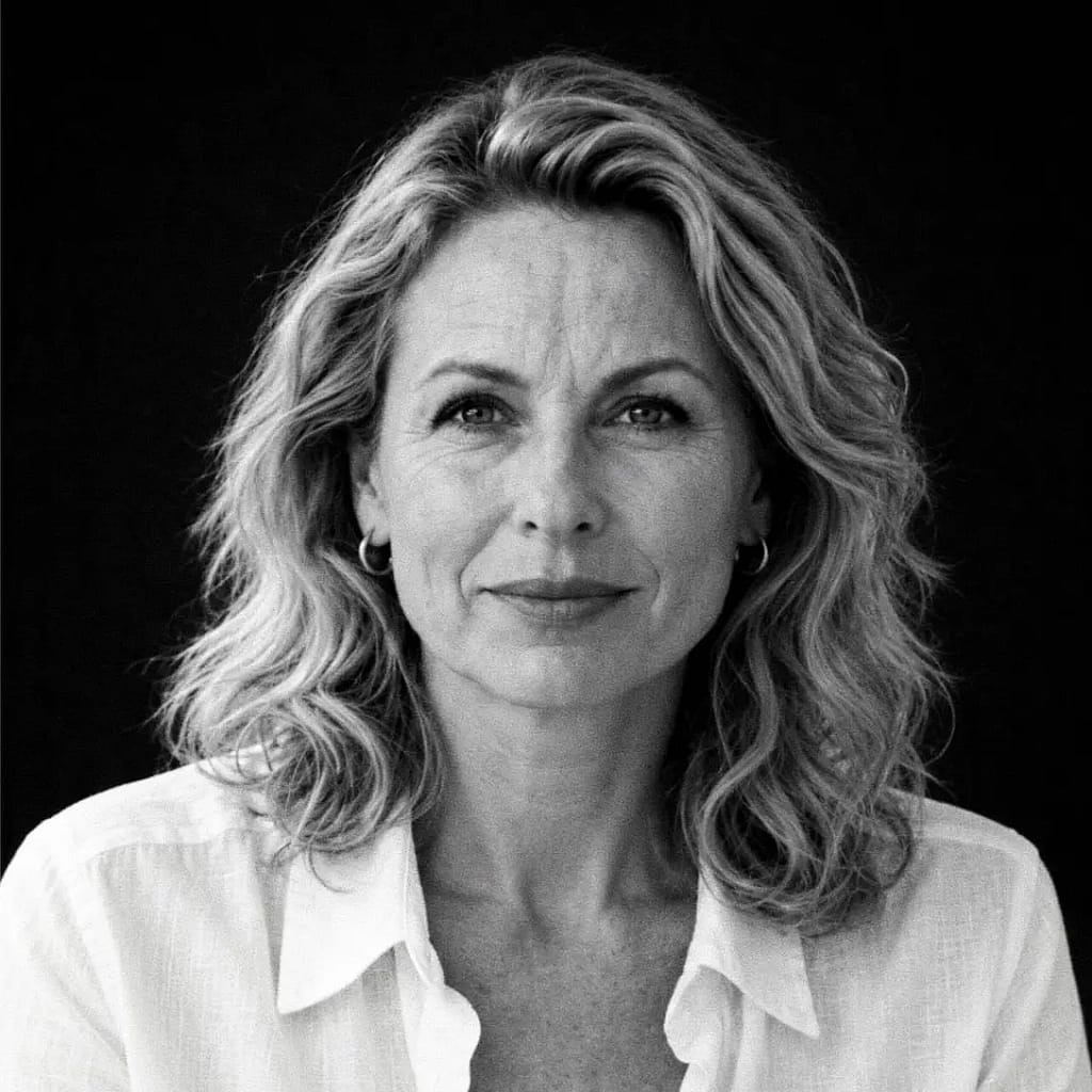 Black-and-white portrait of Lady Sas in a white blouse, looking directly at the camera with a calm, confident expression.