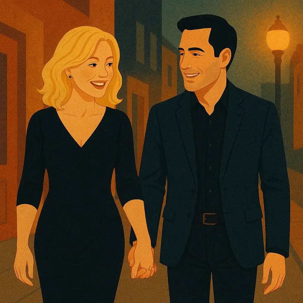 Illustration of a blonde woman and a dark-haired man walking hand in hand at night, symbolizing the connection between a hotwife and her bull in a cuckolding relationship.