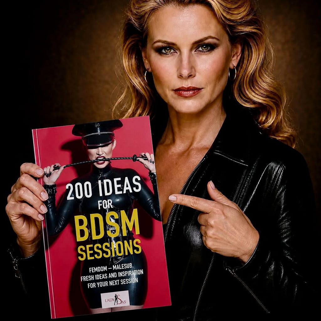 Lady Sas in a black leather outfit holding and pointing at her book “200 Ideas for BDSM Sessions” against a dark studio background.