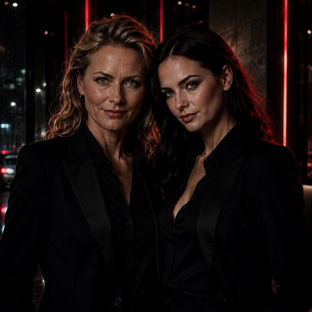 Portrait of Lady Sas and Lady Victoria wearing black tailored jackets, illuminated by dramatic red accent lighting in a sophisticated editorial setting.