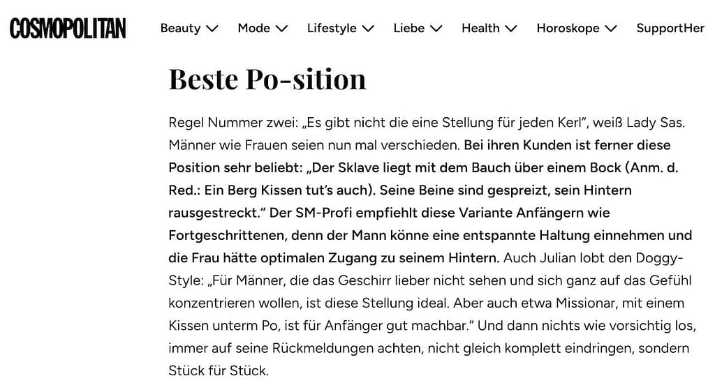 Cosmopolitan Magazine Article with Lady Sas