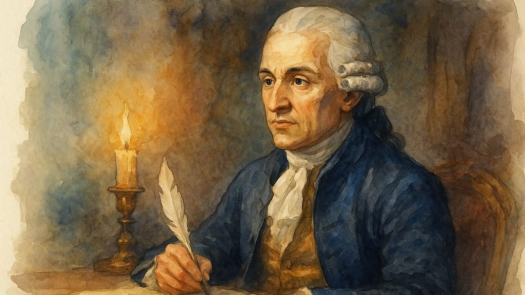 Marquis de Sade. Künstlerische Wasserfarbenzeichnung. Der Marquis beim Schreiben an einem Tisch.