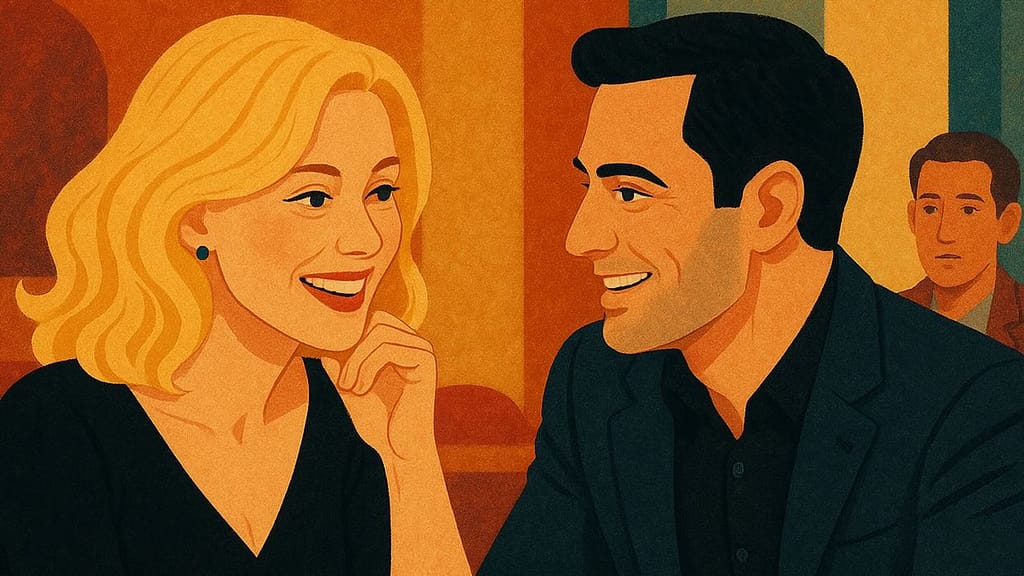 Illustration of a blonde woman and a dark-haired man smiling at each other in a café while another man watches them from the background, symbolizing a cuckolding scenario.