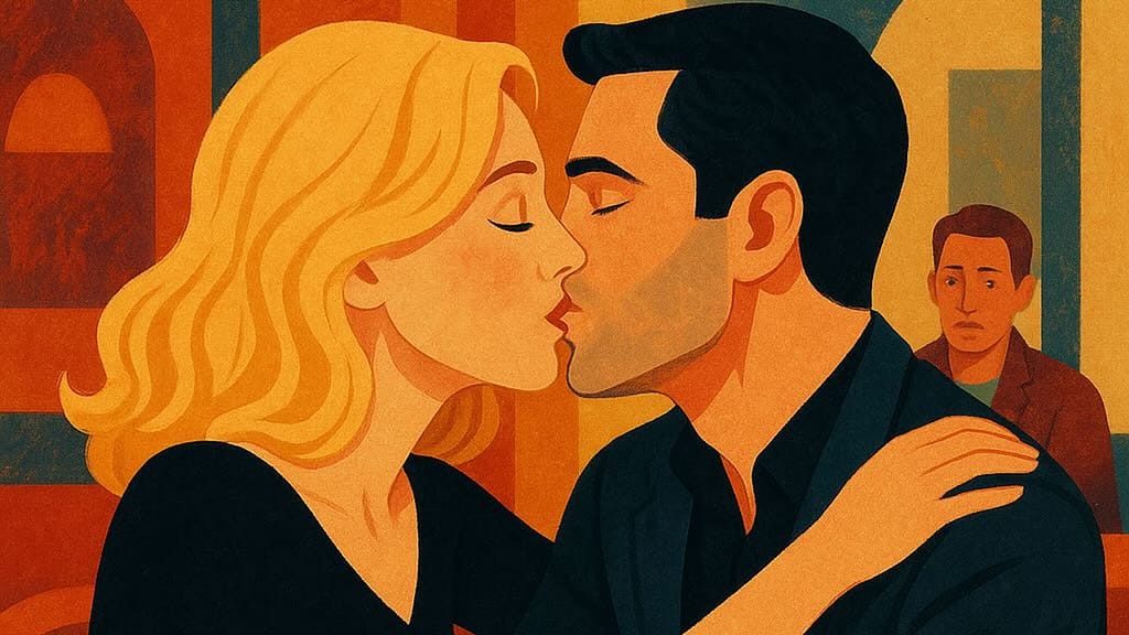 Illustration of a smiling couple sitting close together at a table, while another man observes them from the background, representing a cuckolding dynamic.