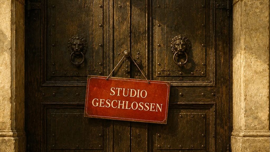 Großes geschlossenes Tor mit rotem Schild „Studio geschlossen“ im Stil Old Masters Light als Symbolbild zur Schließung des Studio CENTRIC in Stuttgart