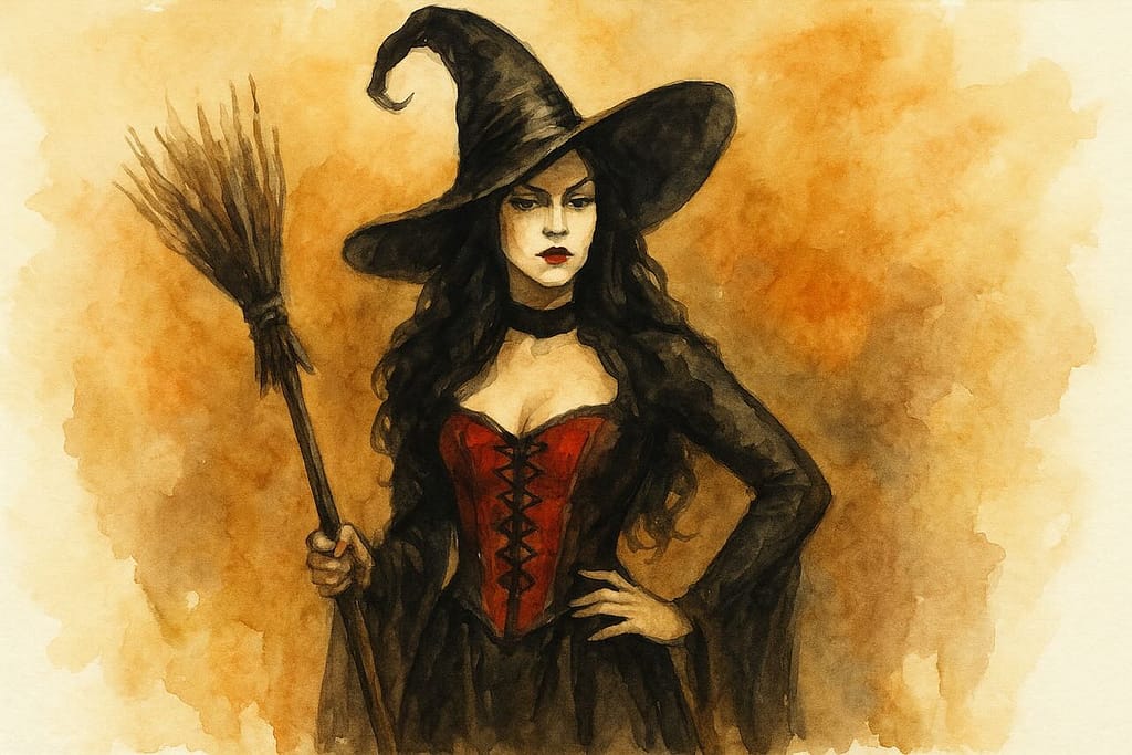 Watercolor painting of a strong witch in a black hat and red corset, holding a broom.