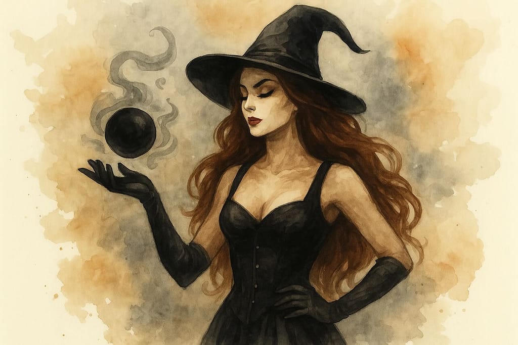 Watercolor painting of a confident witch in black attire and hat, holding a riding crop in a mystical, candlelit space — symbolizing Femdom Witchcraft, ritual energy, and feminine power.