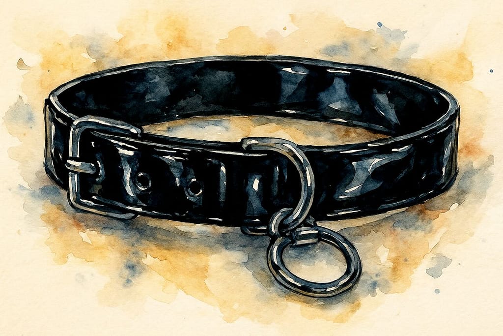 Aquarellmalerei eines schwarzen Sub-Lederhalsbands mit Metallschnalle und O-Ring – Symbol für Submission und Verbindung im BDSM.