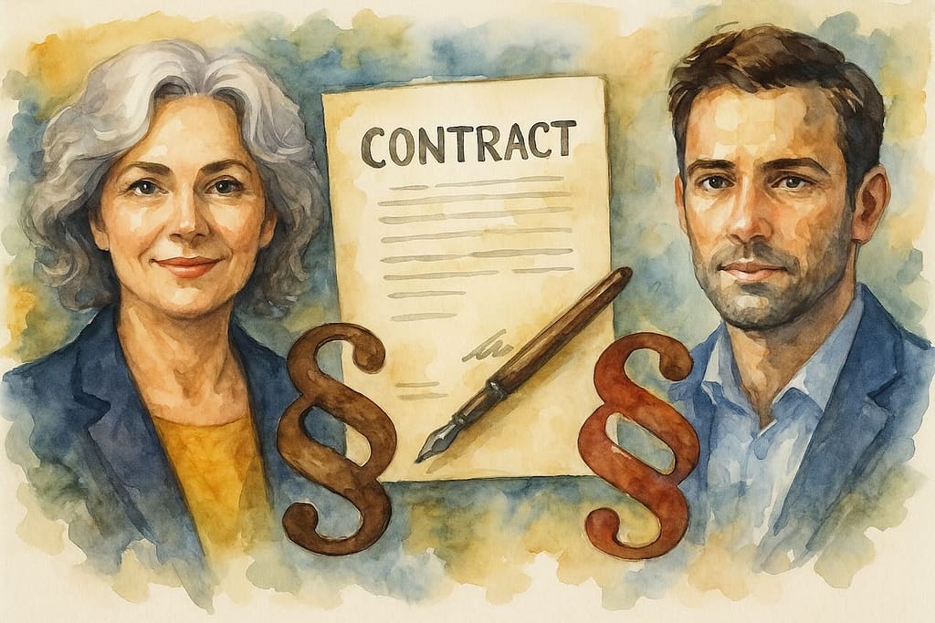 Watercolor collage showing a Femdom slave contract, § legal symbols, and portraits of a dominant woman around 50 and a man around 40, illustrating the legal aspects of Femdom slave contracts.