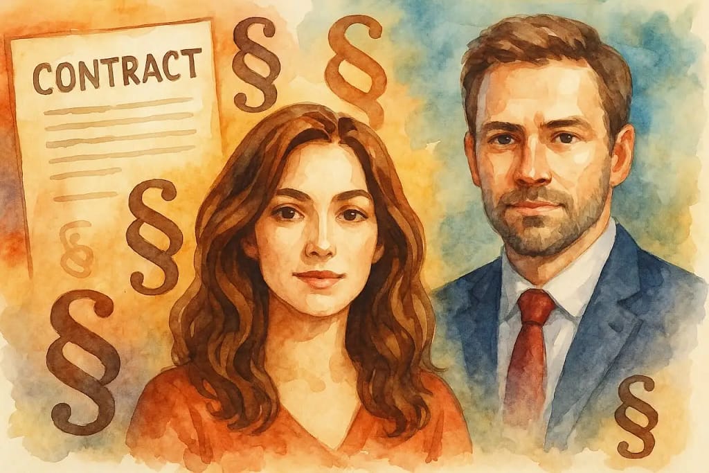 Femdom Sklavenvertrag: Paar als Wasserfarben-Collage, um das Thema zu illustrueren.