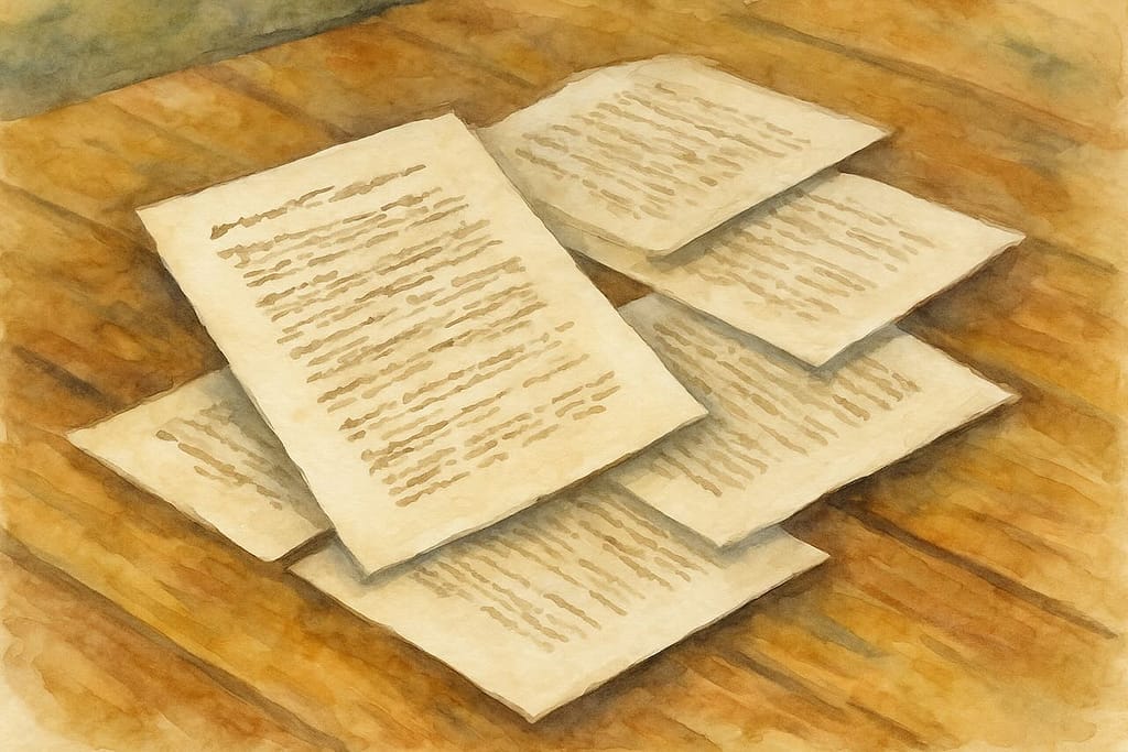 Slave Contract. Watercolor-style illustration of several handwritten pages lying on a wooden table, suggesting a personal or intimate contract.