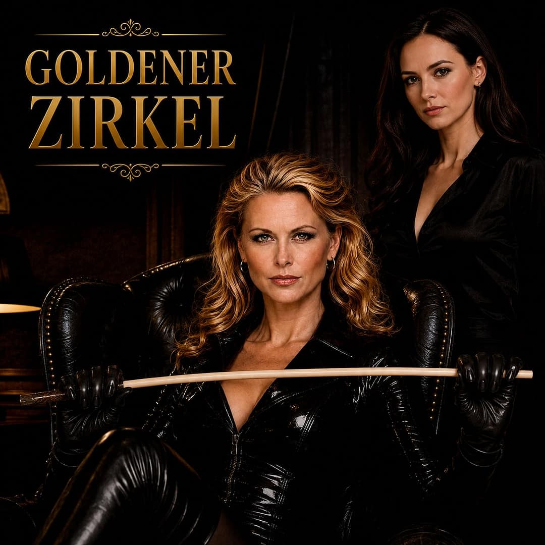 Lady Sas sitzt in schwarzem Latex mit einem Rohrstock in einem Ledersessel, während Lady Victoria hinter ihr steht. Goldene Typografie mit dem Schriftzug „Goldener Zirkel“ links oben vor dunklem Hintergrund.