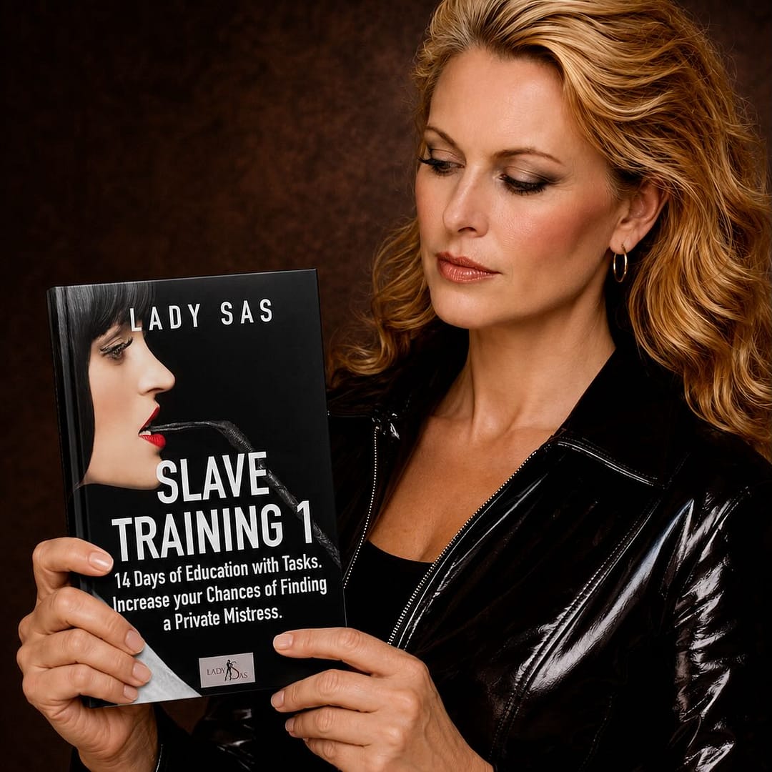 Lady Sas holds her book “Slave Training 1” with both hands while looking at the cover. She wears a shiny black jacket and stands in front of a dark studio background.