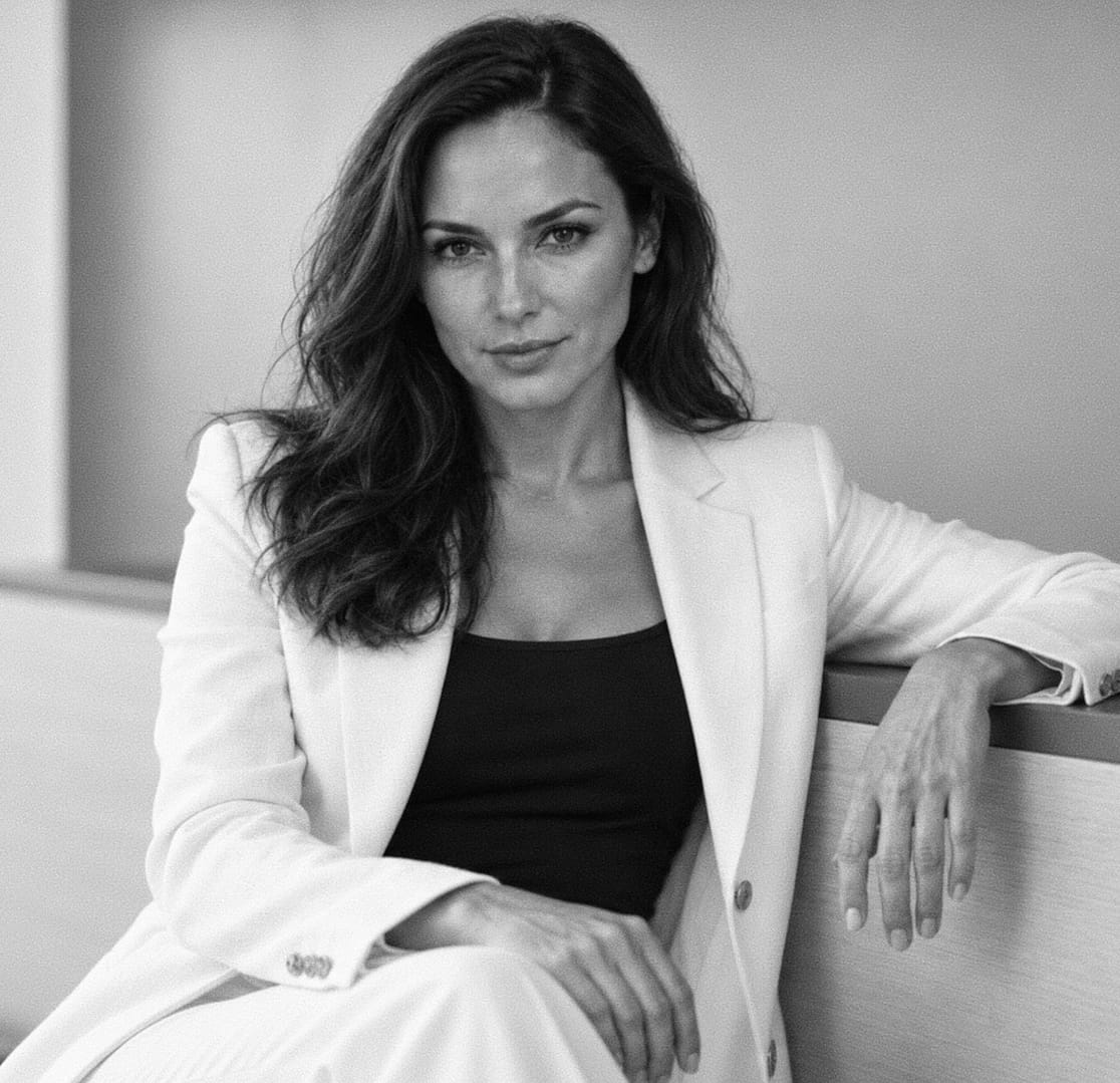Lady Victoria sits confidently in a white pantsuit, looking directly at the camera — a stylish black-and-white portrait.