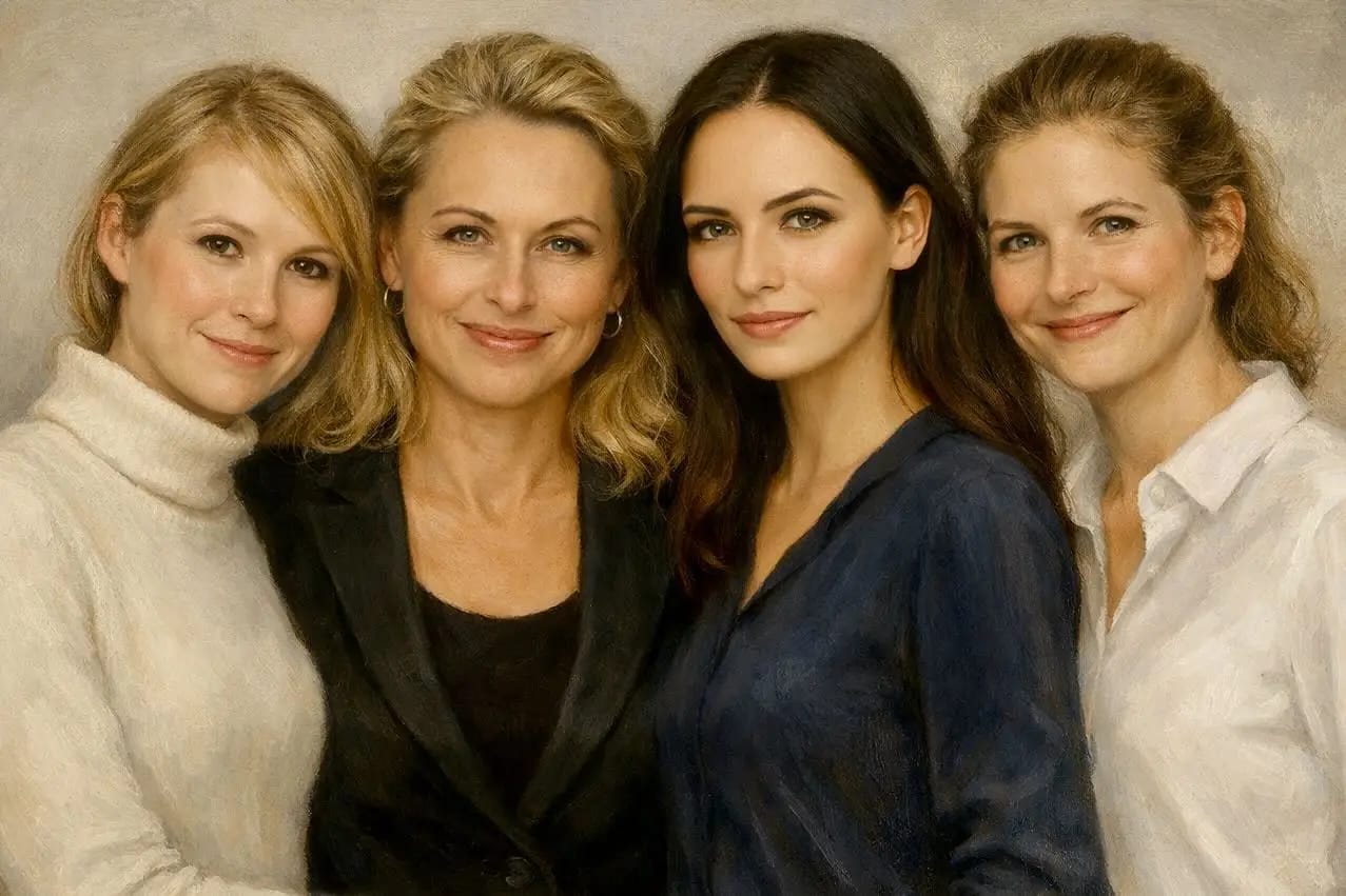 Lady Sas team portrait in “Old Masters Light” style featuring Sub jO, Lady Sas, Lady Victoria, and Lady Franziska standing close together against a soft neutral background.