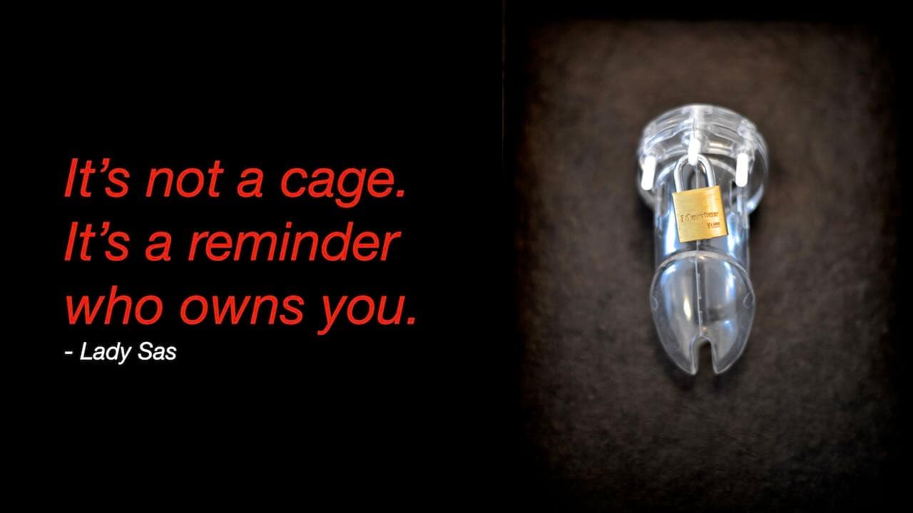 A clear plastic chastity cage with a small brass padlock lies on a dark surface, shown next to a quote about ownership and dominance.