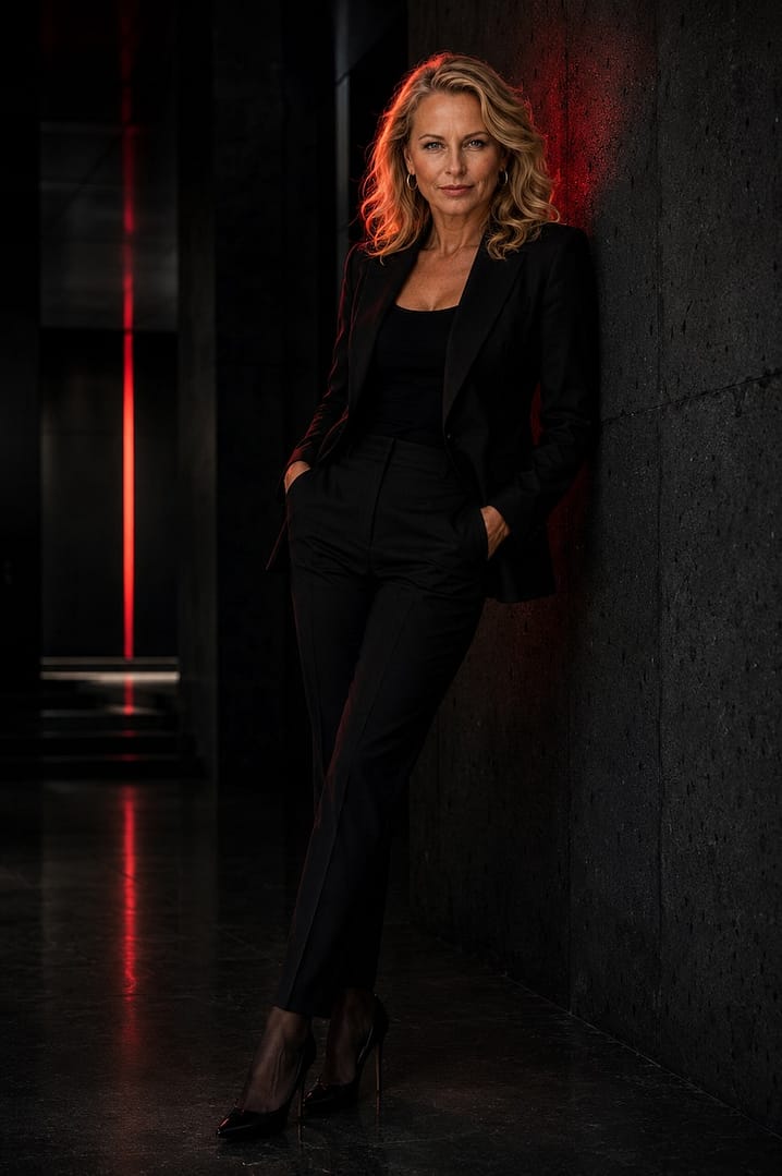 Lady Sas wearing a tailored black pantsuit and black high heels, standing in a modern dark corridor with red accent lighting. She looks confidently into the camera, conveying authority, elegance, and feminine strength.