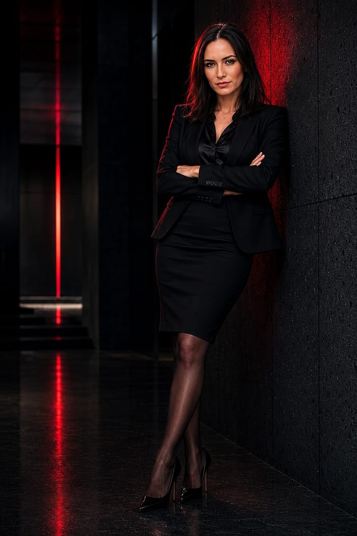 Lady Victoria wearing a tailored black skirt suit, sheer black stockings, and black high heels, standing confidently in a modern dark corridor with dramatic red accent lighting. She faces the camera with a composed and authoritative expression.