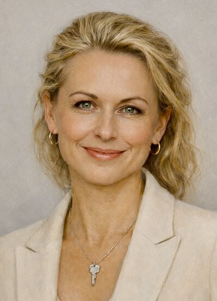 Portrait of Lady Sas wearing a cream blazer and a small key necklace in an Old Masters Light style