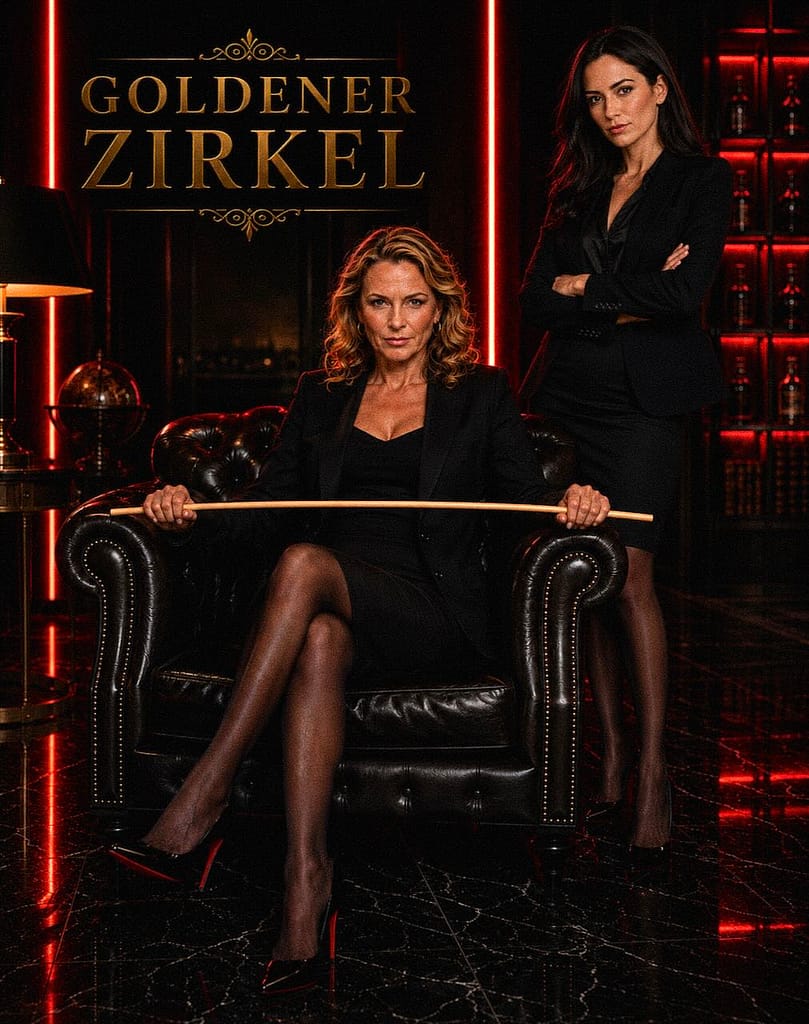 Lady Sas sitzt in einem schwarzen Ledersessel und hält einen Rohrstock in beiden Händen. Hinter ihr steht Lady Victoria in einem schwarzen Blazer mit verschränkten Armen. Rote Neonlichter, dunkle Architektur und der Schriftzug „Goldener Zirkel“ prägen die luxuriöse Neo-Noir-Atmosphäre.