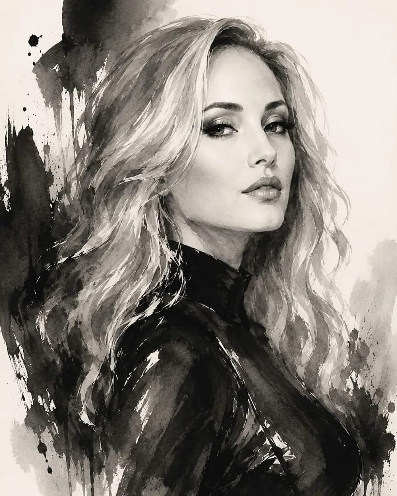 Black-and-white ink portrait of Miss Courtney Morgan wearing a high-neck black outfit and looking confidently at the viewer.