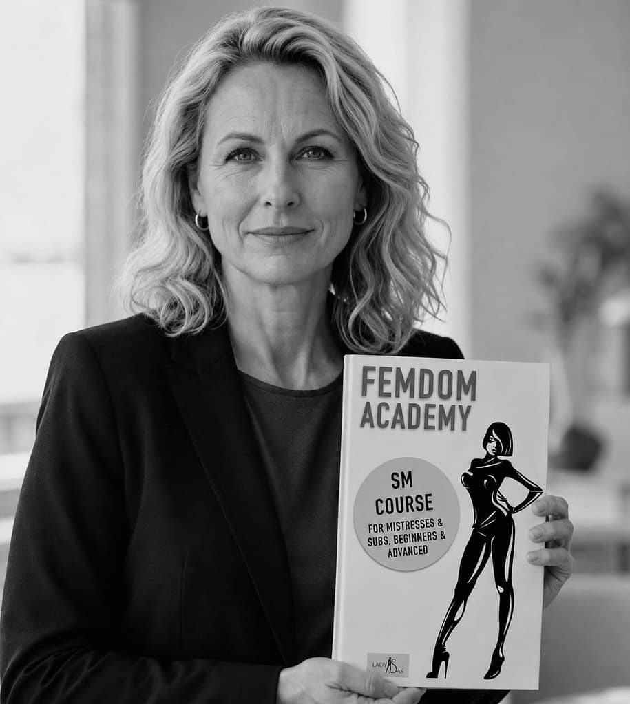Black-and-white portrait of Lady Sas holding the book Femdom Academy and looking calmly into the camera.