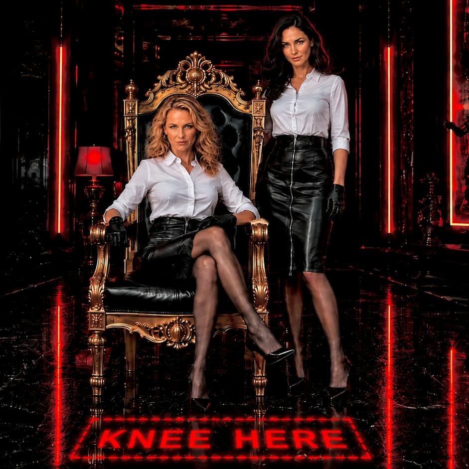 Lady Sas seated on an ornate throne beside Lady Victoria in a dramatic red-and-black neon interior, with the words “KNEE HERE” glowing on the floor.