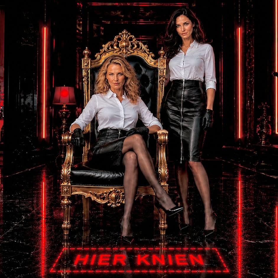 Lady Sas sitzt auf einem goldenen Thron, Lady Victoria steht neben ihr; vor ihnen markiert ein rotes Neonfeld den Platz „Hier knien“.