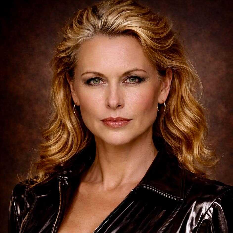 Lady Sas mit direktem, dominanten Blick in schwarzem Lack-Outfit vor dunklem, warmem Hintergrund