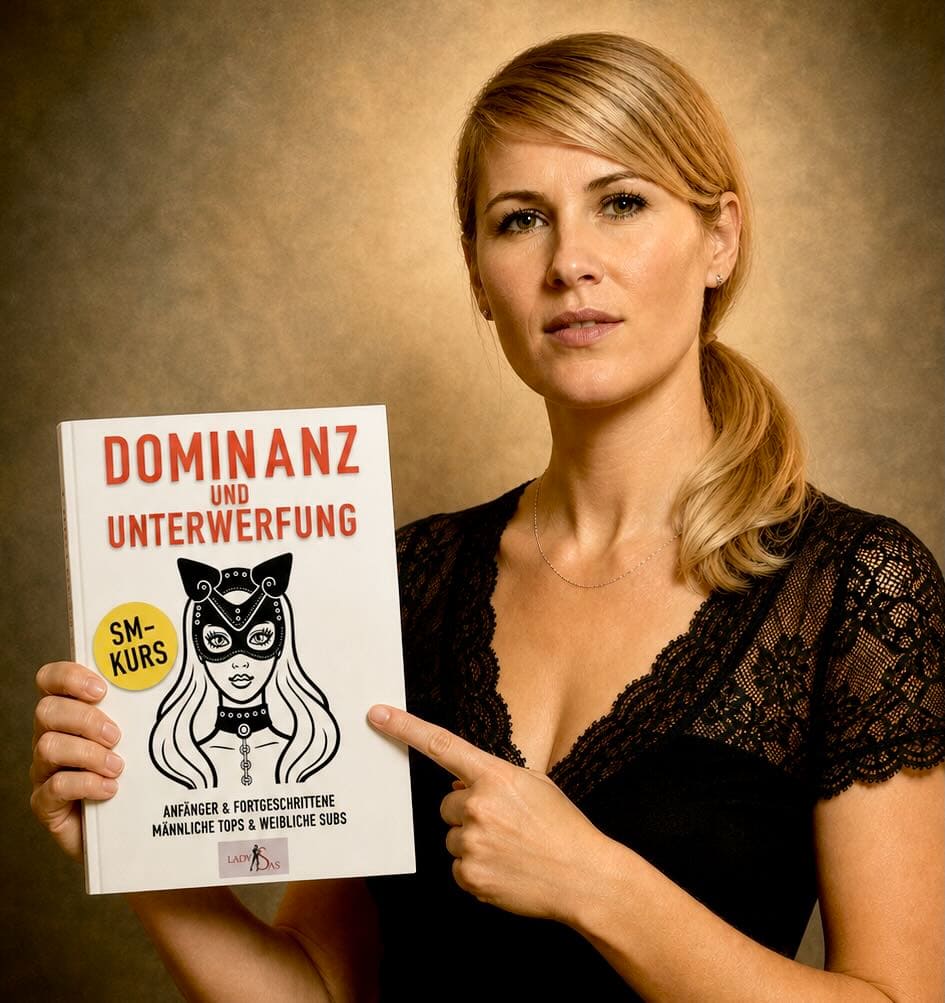 Sub jO hält das Buch Dominanz und Unterwerfung