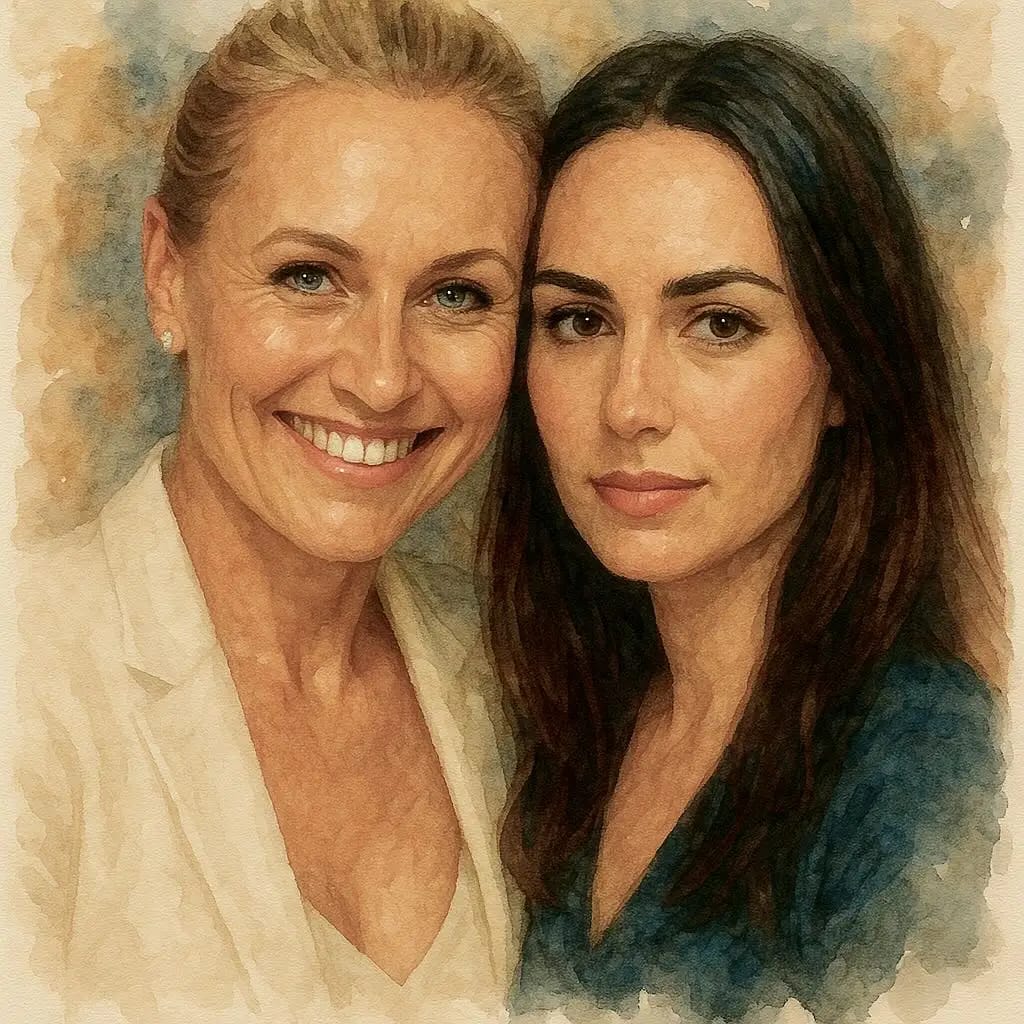 Watercolor portrait of Lady Sas and Lady Victoria, two elegant women smiling warmly — a personal and artistic take on Femdom beyond the dungeon.