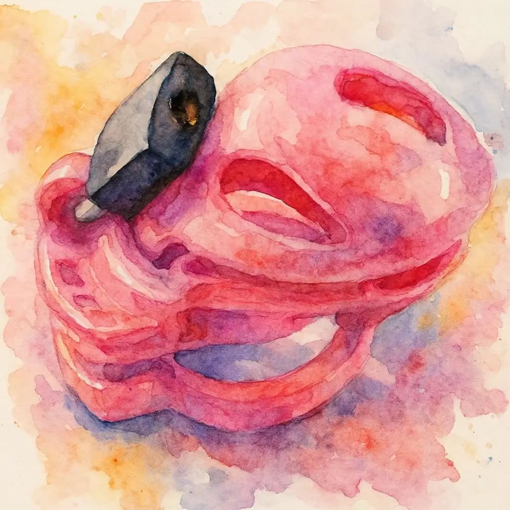 Watercolor illustration of a pink sissy chastity cage with integrated lock, artistic rendering.