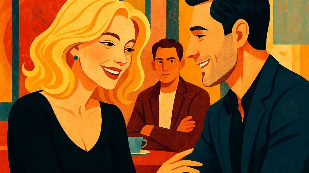 Illustration of a smiling blonde woman and a dark-haired man flirting at a café table while another man watches them from the background, symbolizing a cuckolding dynamic.