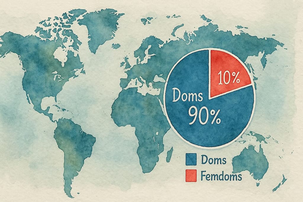 BDSM Statistiken: Weltkarte zeigt, dass 90% der Doms Männer sind, 10% Frauen.