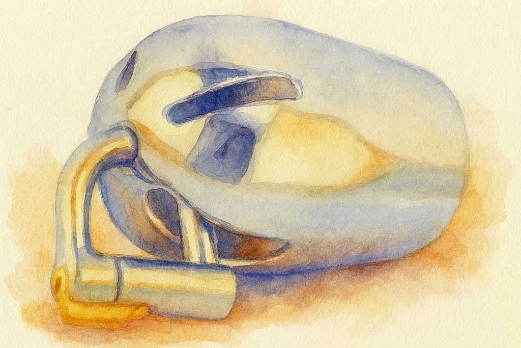 Wasserfarbenillustration eines metallischen Keuschheitskäfigs mit goldfarbenem Schloss, weich gezeichnet und in warmen Blau- und Gelbtönen gestaltet.