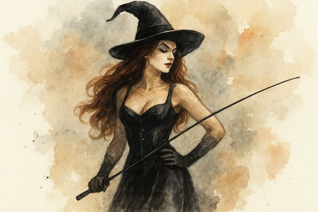 Watercolor painting of a powerful witch in black dress and hat, holding a riding crop — symbol of feminine authority and magic. Mystical background representing Femdom Witchcraft and energy power.