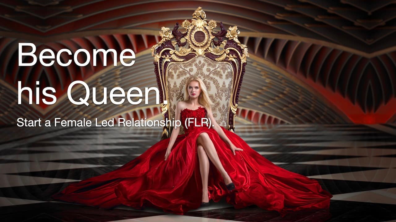A confident woman in a red dress sits on a golden throne, symbolizing power and control in a Female Led Relationship (FLR).