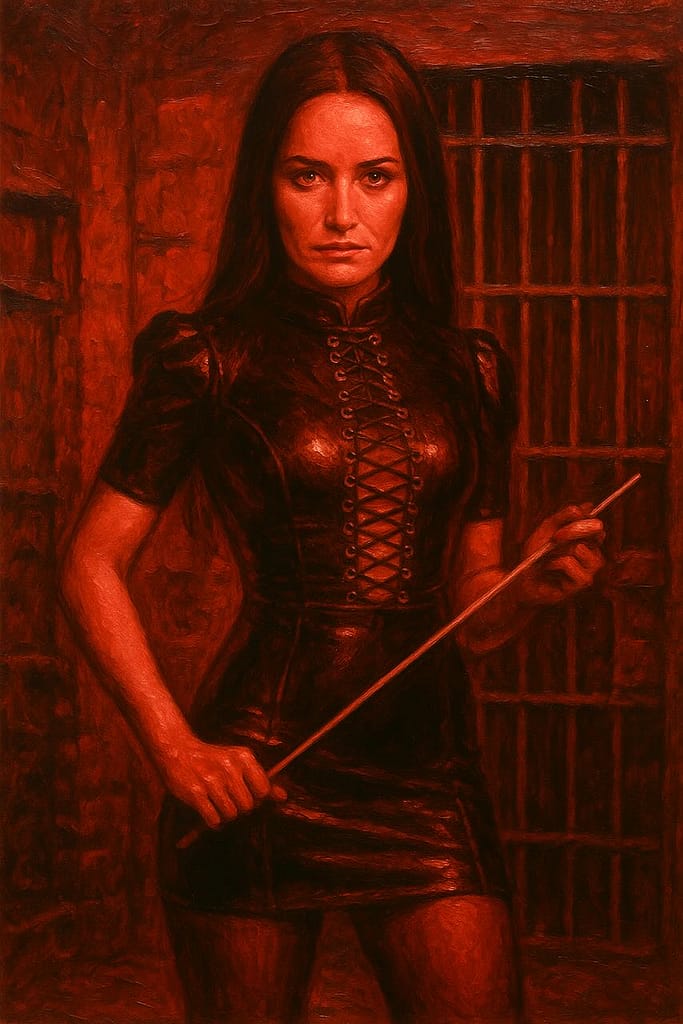 Impact Play: Die Femdom hält einen Rohrstock in der Hand.