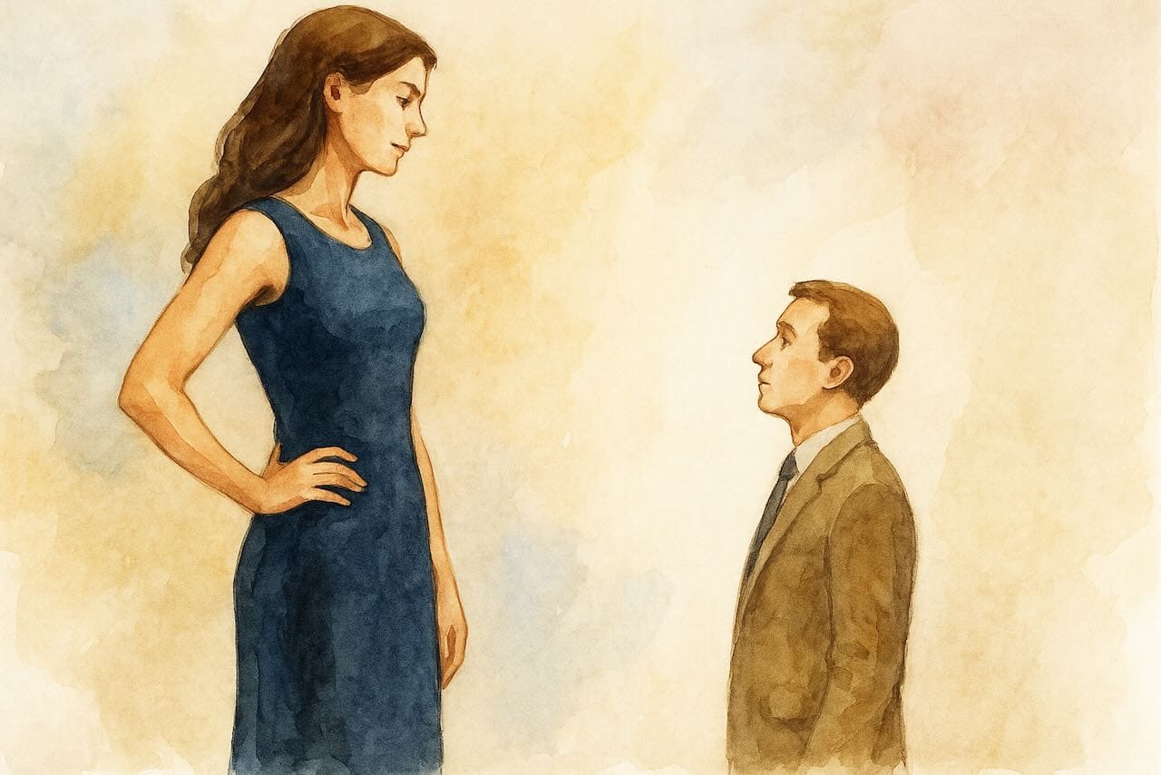 Symbolische Darstellung von Giantness – eine Frau erscheint riesig, während ein kleiner Mann hilflos wirkt